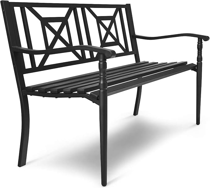S AFSTAR Outdoor Garden Bench, Metal Porch Bench Seat with Slated Seat & Decorative Backrest, 2-Person Loveseat for Patio Garden, Powder Coated Iron Frame, Patio Bench Front Door Bench for Outside