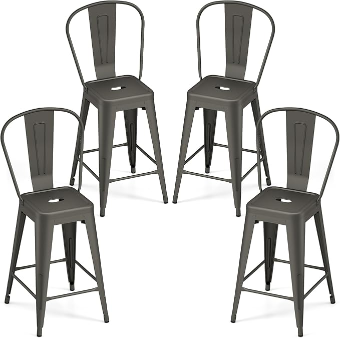 COSTWAY 24'' Metal Bar stools Set of 4, with Removable Back, Counter Height Stools with Rubber Feet, Stylish and Modern Chairs, for Kitchen, Dining Rooms, and Side Bar (Gun-Update, 24'')