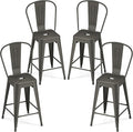 COSTWAY 24'' Metal Bar stools Set of 4, with Removable Back, Counter Height Stools with Rubber Feet, Stylish and Modern Chairs, for Kitchen, Dining Rooms, and Side Bar (Gun-Update, 24'')