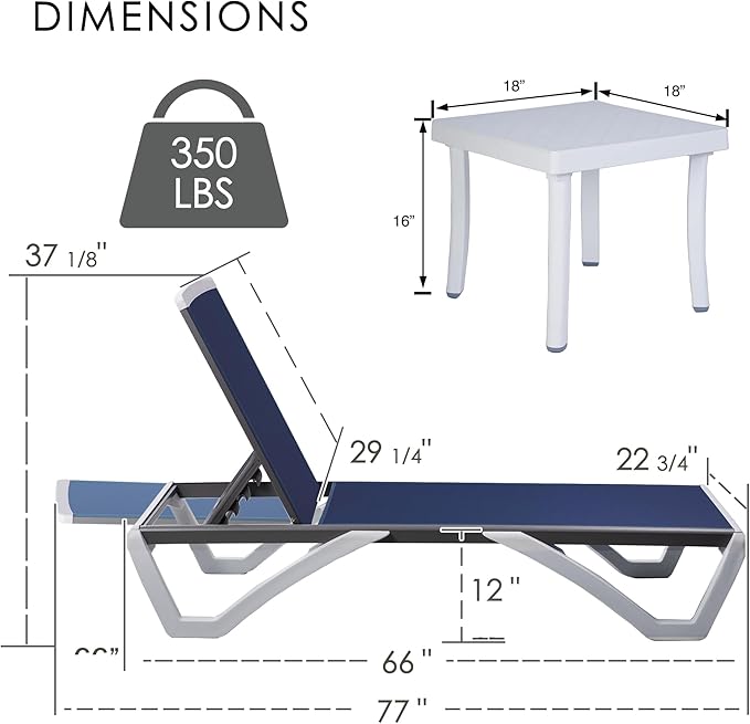 Kozyard Outdoor Chaise Lounge Chair, Full Flat Adjustable Patio Lounger with Aluminum Frame & Resin Legs, Textilene Fabric for Poolside, Backyard & Beach (NavyBlue, 2Chairs with Table)