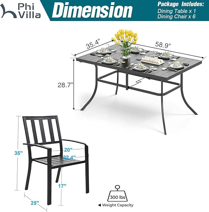 PHI VILLA 7 Piece Outdoor Dining Set for 6, 60” Rectangular Metal Steel Table with Umbrella Hole & Stacking Wrought Iron Chairs, Large Furniture Set for Patio, Deck, Yard - Black