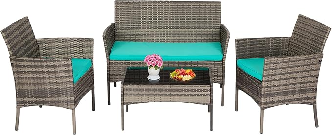 FDW Outdoor Patio Furniture Set Wicker Patio Set PE Rattan Furniture Bistro Set for Outdoor Indoor Use with Loveseats Coffee Table, Blue Cushions, 4 Pieces