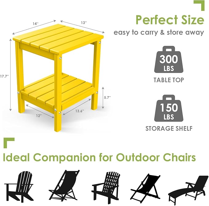 GREENVINES Adirondack-Outdoor-Side-Table | 14 x 13 Inches | HDPE Plastic | All Weather | Yellow | Outside End Tables | Storage Shelf | for Patio Porch Backyard Indoor