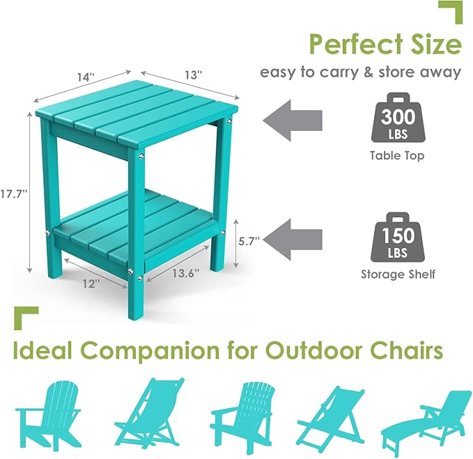 GREENVINES Adirondack-Outdoor-Side-Table | Set of 2 | 14 x 13 Inches | HDPE Plastic | All Weather | Aqua | Outside End Tables | Storage Shelf | for Patio Porch Backyard Indoor