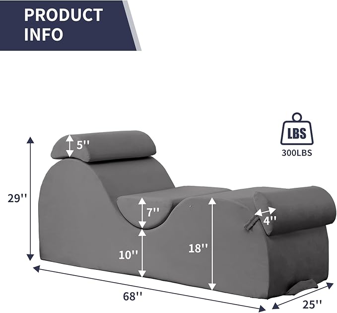 ijuicy Chaise Lounge Chair for Exercise, Indoor Lounger with Headrest, Waist Cushion, Movable Footrest, Side Pockets, Non-Slip Bottom - Yoga Chair with High Density Sponge, Light Grey