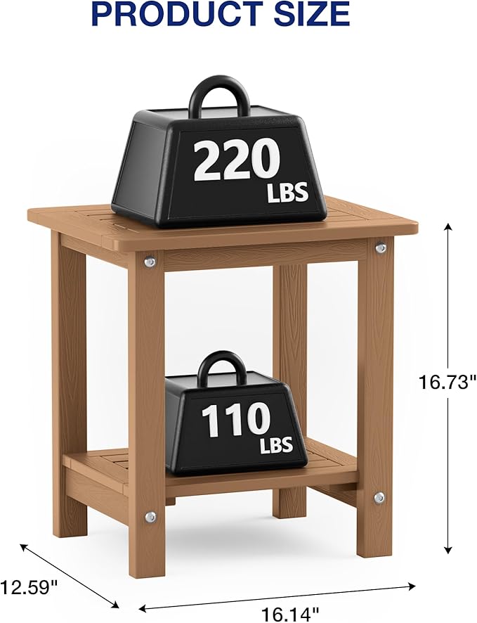 YEFU Outdoor Side Table for Patio: 16" HIPS Weather - Resistant Adirondack Tables Set of 2 - Small Square End Tables for Backyard Pool Porch Balcony - Indoor Outdoor Double Layer Table Teak
