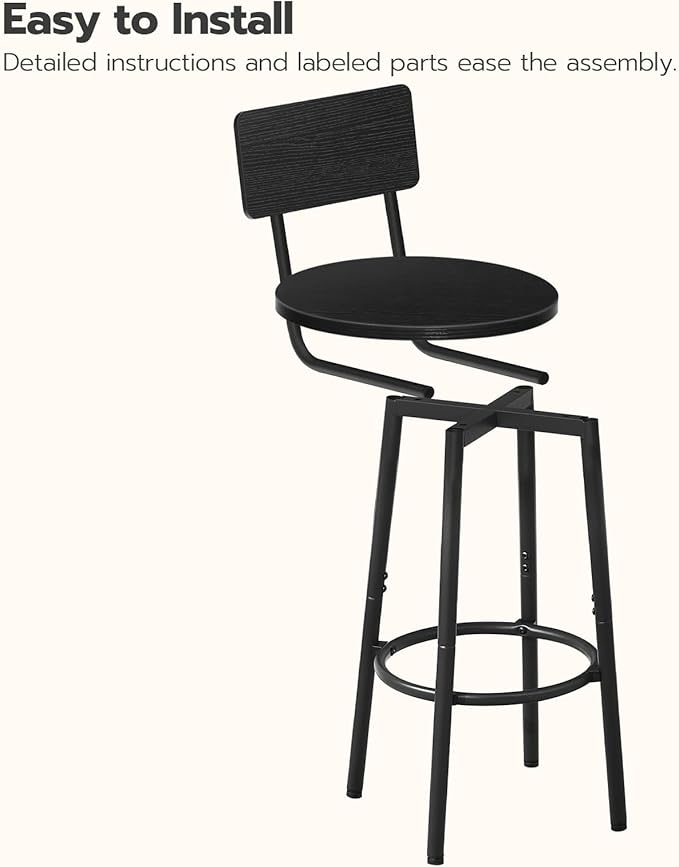 HOOBRO Bar Stools,Set of 2 Round Bar Stools with Back,25.2" Bar Chairs for Kitchen Island, Dining Room,Counter Height Barstools, Easy to Assemble, Black BK32BY01G1