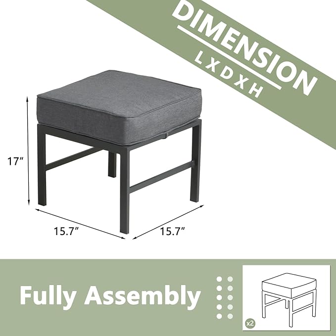2 Pieces Outdoor Ottomans for Patio, No-Assembly Aluminum Outdoor Patio Footstool with Gray Cushions, Small Aluminum Patio Seat for Porch Yard Garden Deck, Grey Frame