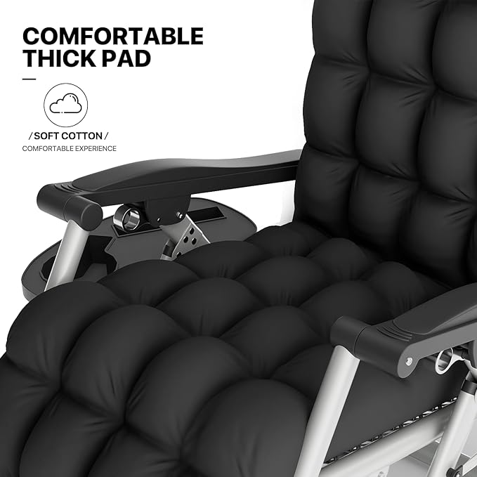 MoNiBloom Reinforced Zero Gravity Chair, Folding Pool Beach Lounger, Portable Tanning Chaise with Cushion, Headrest and Side Tray, 330lbs Capacity - Black