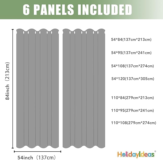 HolidayIdeas Waterproof Outdoor Curtains for Patio, 6 Panels - 54x120 Inches - Weatherproof Privacy Outsides Curtains for Backyard Porch Gazebo, Sunlight & UV Blocking (Grey, Grommet Top)