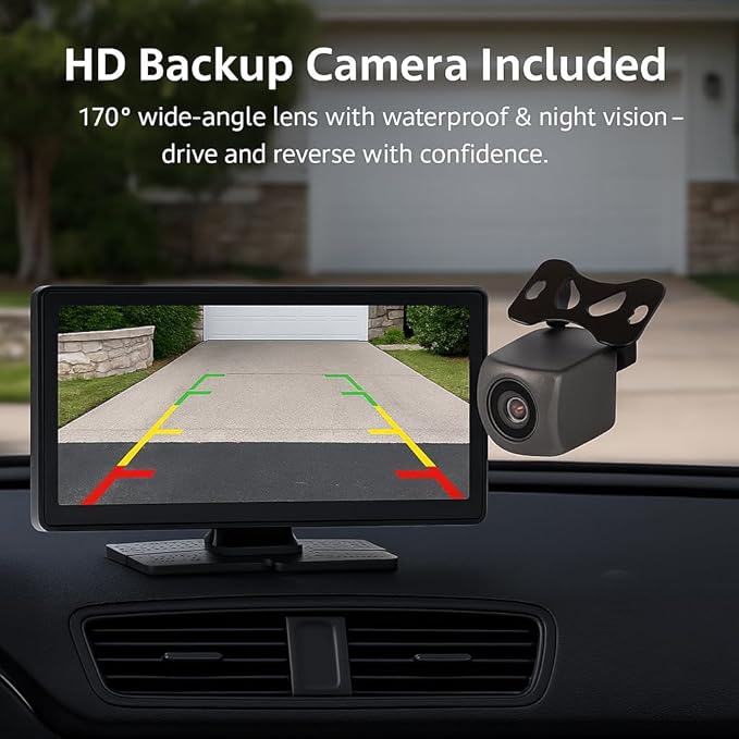 Portable Apple CarPlay & Android Auto – 10.26" Wireless Car Stereo, 4K Dash Cam, 1080P Backup Camera, Voice Control, GPS Navigation, Bluetooth, Mirror Link, Portable Touchscreen Display
