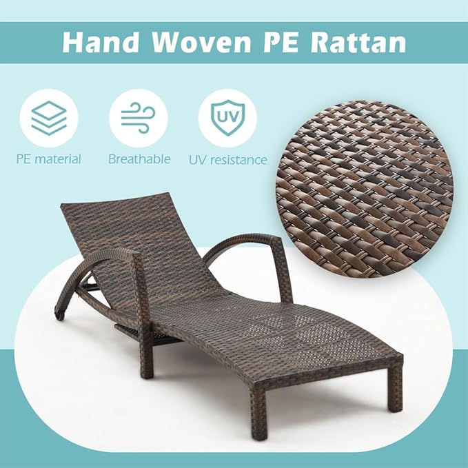 Chaise Lounge Chairs Outdoor Set of 4, Comfy Outside Wicker Patio Pool Lounge Chair w/ 5 Adjustable Back Angle, Cup Holder, Thicken Cushion