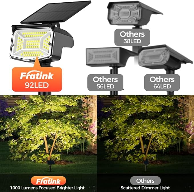 Solar Spot Lights Outdoor, 92 LEDs Landscape Lighting with 3 Lighting Modes and Auto On/Off, IP67 Waterproof Spotlights, Outdoor Solar Lights for Yard Garden, 2 Pack (Cool White)