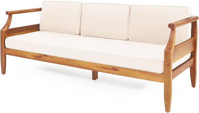 Christopher Knight Home Aston Outdoor 3 Seater Sofa, Upholstered Cushion Couch, Acacia Wood Bench Sofa, Slat Armchair, 73.25" W Spacious Seating Bench Couch for Gardern Porch Balcony, Teak+Beige