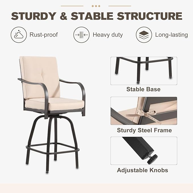 Outdoor Swivel Bar Stools Set of 2,Bar Height Patio Chairs with Cushions and High Backrest, All Weather Patio Bar Stools Furniture for Bistro Lawn, Pool, Garden and Backyard,Light Brown
