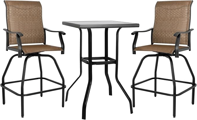 LEVELEVE Patio Bar Set 3pcs Swivel Bar Stools Outdoor Bistro Textilene Furniture Stability All-Weather Set with Height Table (3, Dark Brown Fabric)