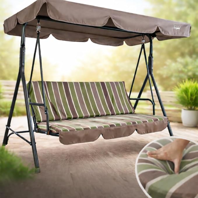Kozyard Alicia 3-Seat Patio Swing, Outdoor Canopy Swing with Steel Frame, Adjustable Canopy and Removable Cushions for Porch Patio Garden Poolside, Lime Stripe