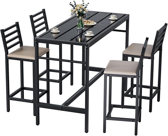 5 Piece Outdoor Patio Bar Set, 50" Rectangular Counter Height High Top Bar Table Patio Bar Set, 4 Cushioned 41" Bar Stools Modern Metal Outdoor Bar Set for Poolside, Balcony, Backyard, Porch