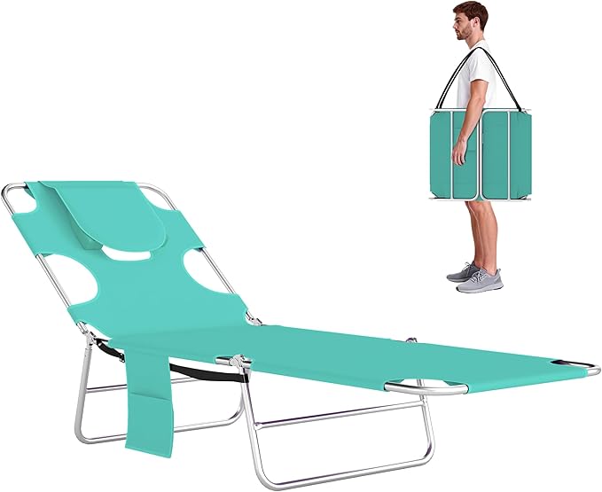 Outsunny Chaise Lounge Chair Outdoor with Face Arm Hole, 5-Position Reclining Face Down Tanning Chair with Carry Strap, Side Pocket, Portable Folding Bed Cot for Patio Beach Pool, Light Green