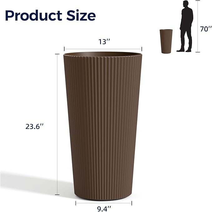 FONTOI 23.6" Tall Planter for Outdoor Plants Set of 2 Large Outdoor Plastic Striped Flower Pots, Front Porch Furniture, Garden Pots, Decorative Planters for Indoor/Outdoor, Patio, Balcony, Brown
