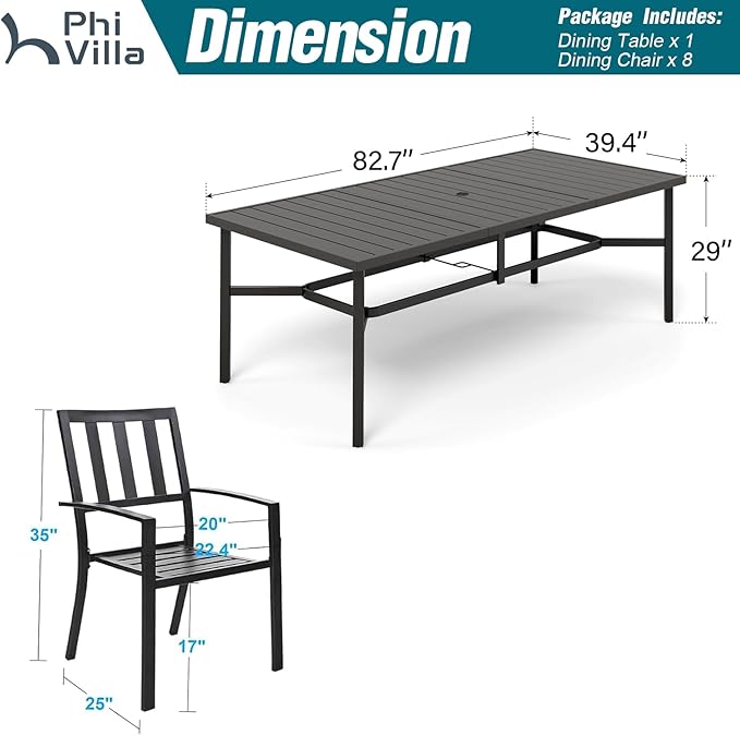 PHI VILLA 9 Pieces Outdoor Dining Set for 8, 83“ Rectangular Metal Table with Umbrella Hole & Stackable Black Wrought Iron Chairs, Large Outside Furniture for Patio, Deck, Yard, Porch