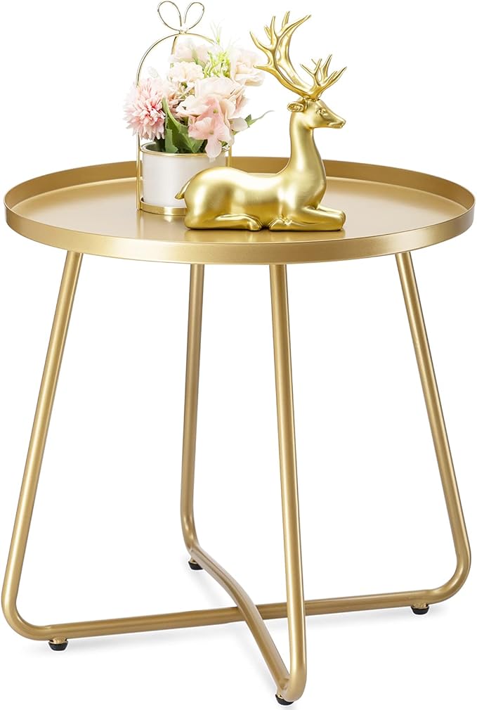 danpinera Outdoor Side Tables, Weather Resistant Steel Patio Side Table, Small Round Outdoor End Table Metal Side Table for Patio Yard Balcony Garden Bedside (Gold)
