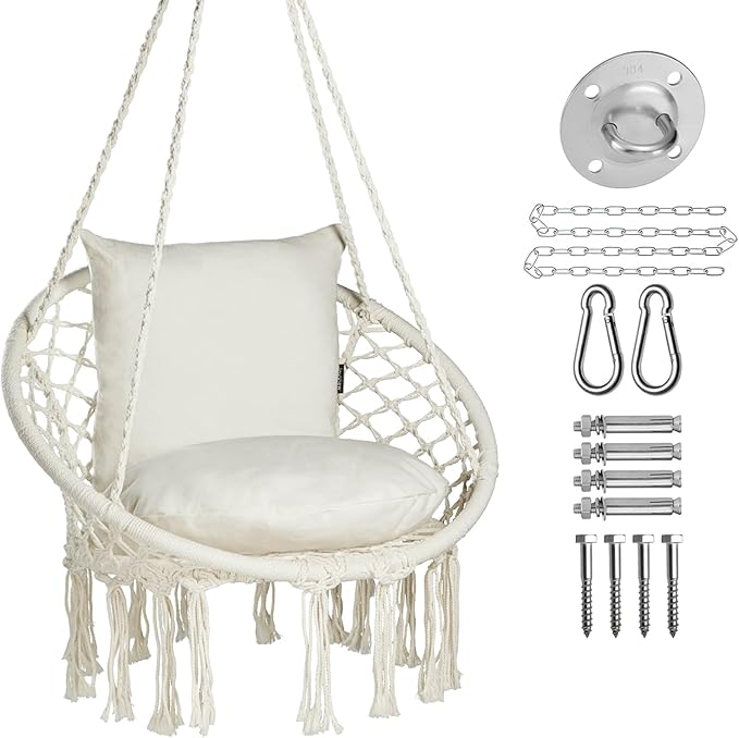 JoyView Macrame Hammock Chair Hanging Swing Chair Max 330 Lbs with 2 Cushions and Hardware Kits for Indoor Outdoor Bedroom Patio Garden - Beige