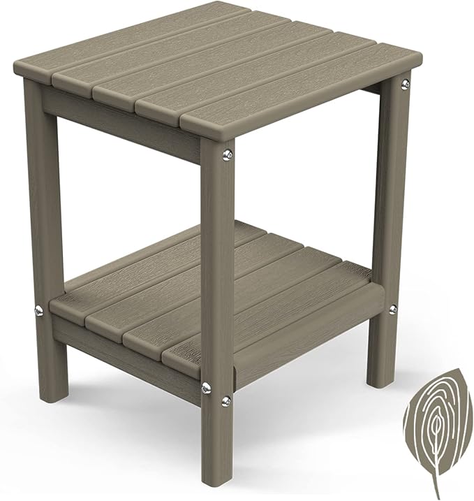 GREENVINES Adirondack-Outdoor-Side-Table | Wood Grain | 14 x 13 Inches | HDPE Plastic | All Weather | Desert Brown | Outside End Tables | Storage Shelf | for Patio Porch