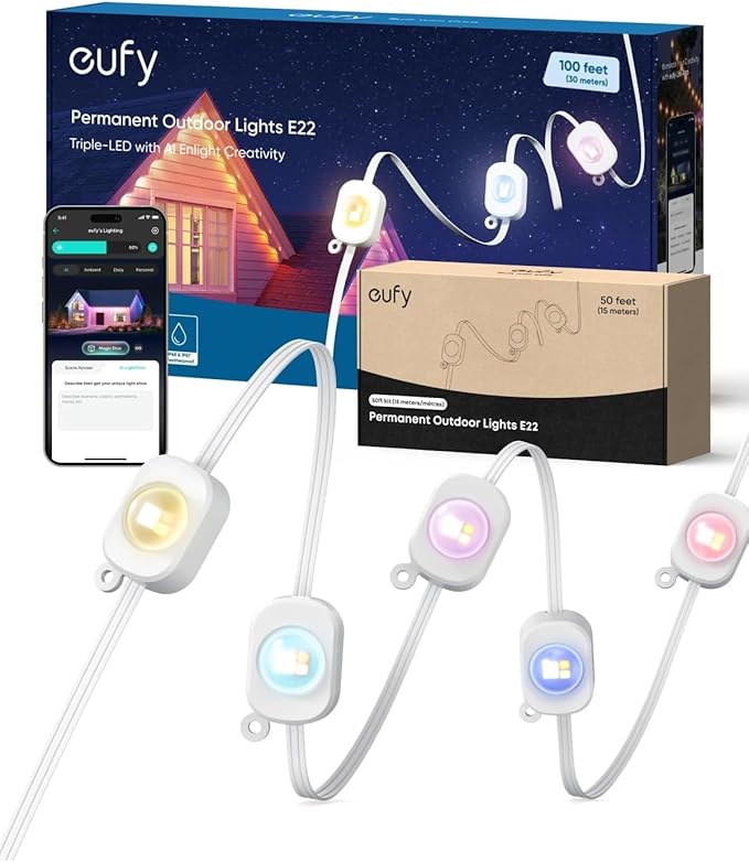 eufy Permanent Outdoor Lights E22, 100ft+ 50ft kit (Total 150ft) with 90 Triple-LED Lights, Smart RGBWW, Up to IP67 Waterproof, AI Lighting Themes for Halloween, Christmas, Links with Cameras, White