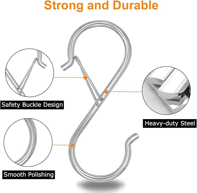 48 Pack S Hooks for Hanging, 3.5 inch Heavy Duty Metal S Hooks with Safety Buckle S Shaped Hooks Pot Rack Closet Hooks for Hanging Plants, Clothes, Kitchen Utensil, Pots, Pans, Bags (Silver)