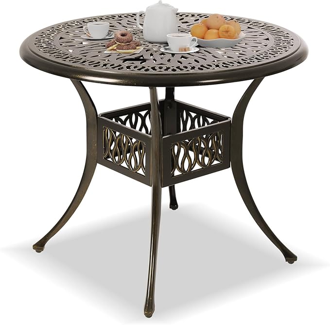 Patio Dining Table,Cast Aluminum Patio Tables with Umbrella Hole, Outdoor Bistro Table for Backyard, Garden, Patio (35" Round Table)