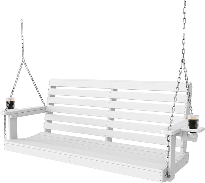 Plawdlik Porch Swings,2 Seat Patio Chair with Two Cup Holders,HDPE Waterproof Bench for Courtyard-White