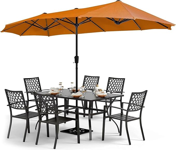 PHI VILLA 8 Piece Patio Dining Set with 13ft Double-Sided Patio Umbrella,Metal Outdoor Table Furniture Set with 6 Outdoor Stackable Chairs, 1 Rectangle Dining Table and 1 Large Umbrella