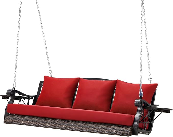 Heavy Duty 900 LBS Porch Swing Chair 3-Person Outdoor Rattan Patio Swing Lounge w/Cup-Holder & Steel Chains Wicker Hanging Bench Porch Swing Cushions for Deck & Backyard & Garden