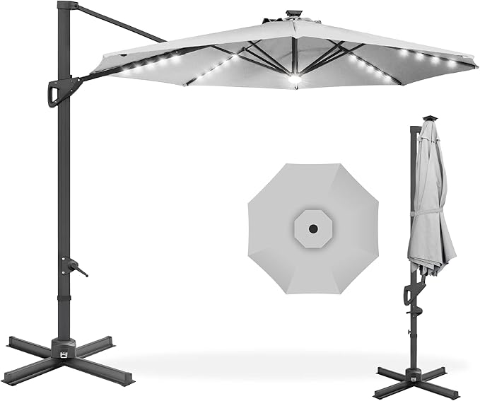 Best Choice Products 10ft Solar LED Cantilever Patio Umbrella, 360-Degree Rotation Hanging Offset Market Outdoor Sun Shade for Backyard, Deck, Poolside w/Lights, Easy Tilt, Cross Base