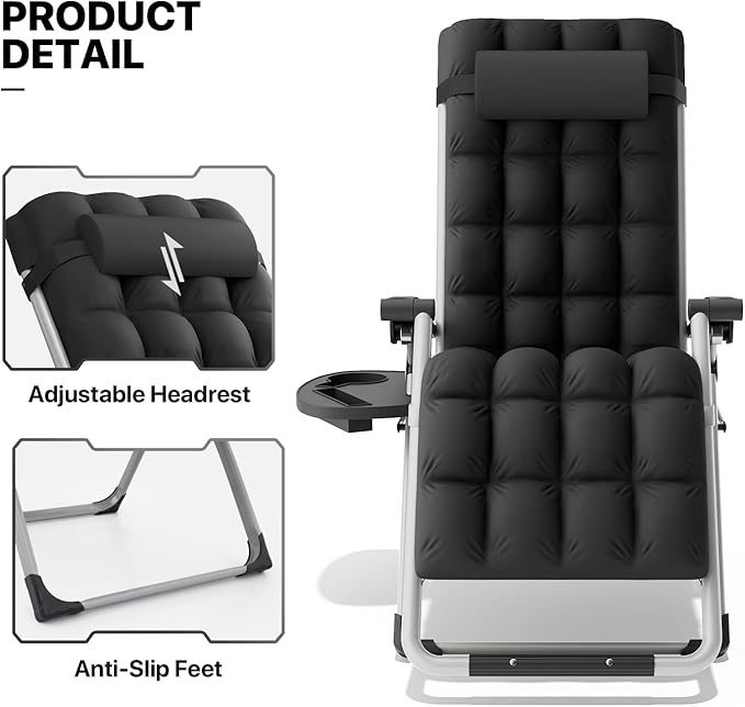 MoNiBloom Reinforced Zero Gravity Chair, Folding Pool Beach Lounger, Portable Tanning Chaise with Cushion, Headrest and Side Tray, 330lbs Capacity - Black