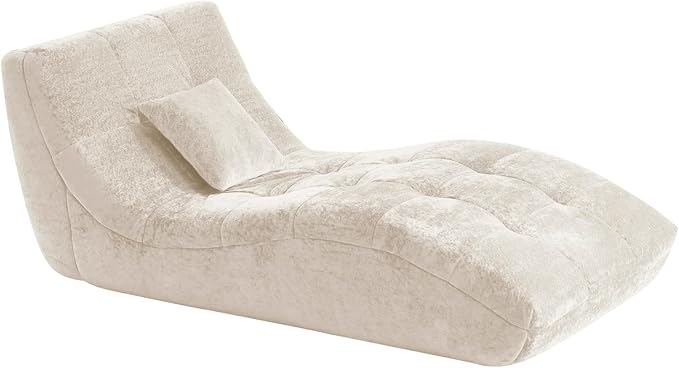 Chaise Lounge Chair with Curved Back, Modern Upholstered Recliner Sofa, Tufted Accent Lounger Comfortable Lazy Chair for Bedroom, Apartment (Beige)