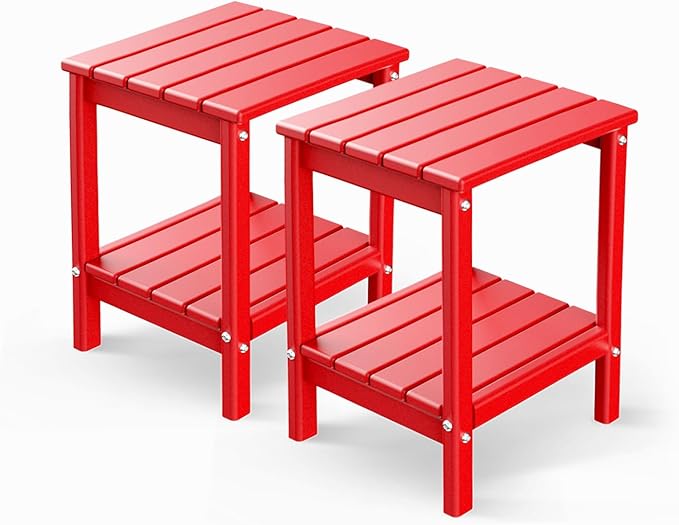 GREENVINES Adirondack-Outdoor-Side-Table | Set of 2 | 14 x 13 Inches | HDPE Plastic | All Weather | Red | Outside End Tables | Storage Shelf | for Patio Porch Backyard Indoor