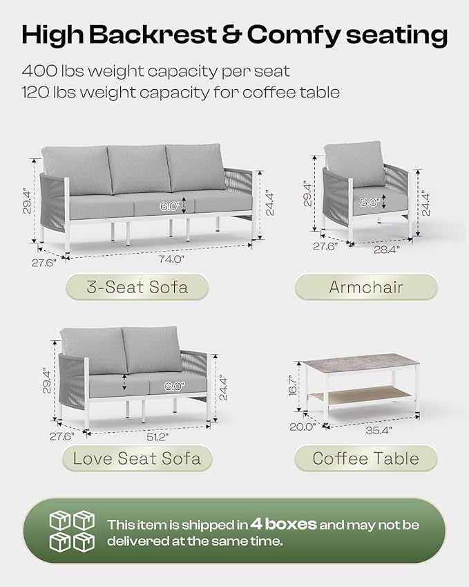Aluminum Outdoor Patio Couch Loveseat, HDPE Rope Patio Sofa with Washable Thick Cushion, All-Weather Patio Furniture for Balcony, Yard, White Frame, White