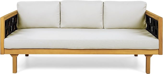 Christopher Knight Home Rosie Acacia Wood Outdoor Daybed Sofa with Water-Resistant Cushion, Solid Wood Patio 3 Seater Sofa Couch, Patio Garden Lounge Sofa with Woven Rope Accent, Black+Teak+Light Gray