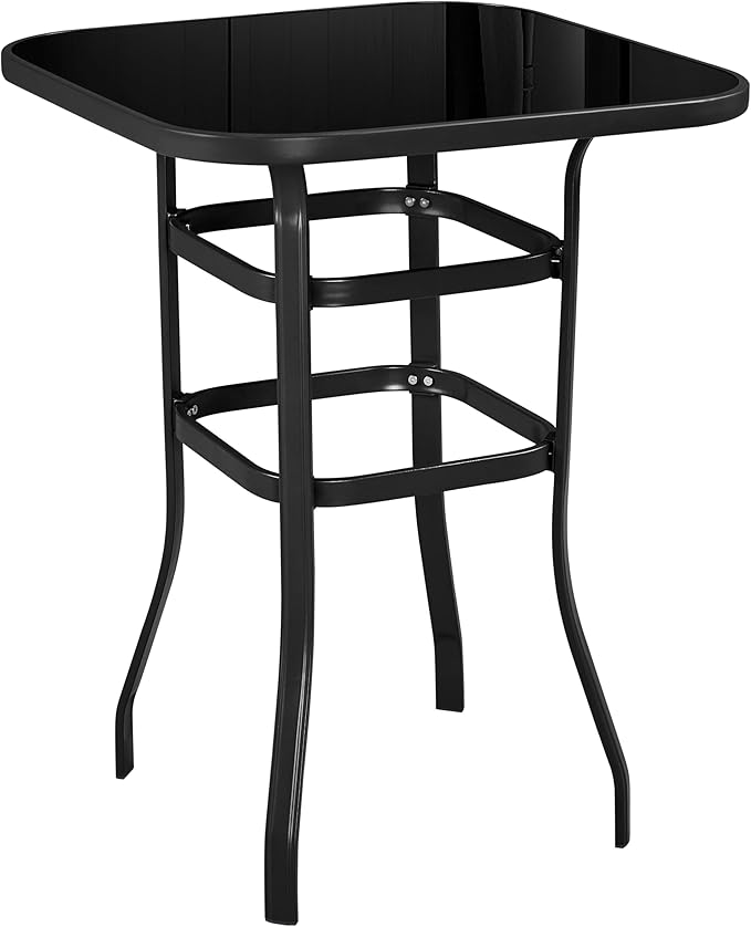Yaheetech Patio Bar Table Tempered Glass, Height High Top Outdoor Pub Height Bistro Square Glass Side Table for Balcony Backyard Poolside, Black
