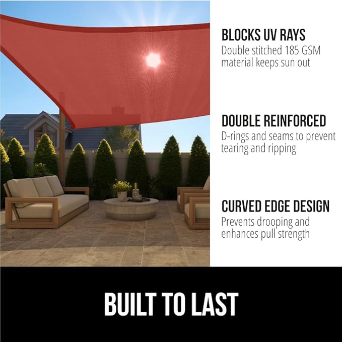 GORILLA GRIP Heavy Duty Sun Shade, UV Protection Fade Tear and Rust Resistant Rectangle Sunshade Canopy, Curved Edges Blocks Sunlight, Breathable Sail, Outdoor Patio, Lawn Garden 10x10 FT Terra