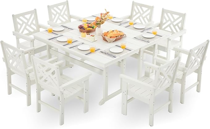 HDPE Outdoor Dining Set,10-Piece Outdoor Table and Chairs Include 8 Dining Chairs and 2 Pcs 62.5" Patio Dining Table with Umbrella Hole (White)