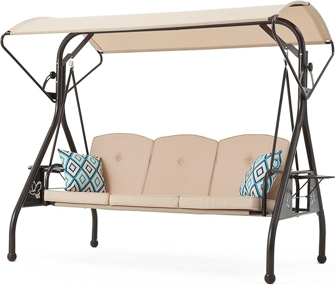 800LBS Patio Swing with Canopy 3 Seat Outdoor Porch Swing with Stand w/Cup Holder & Pillow Glider Chair Swing Bed for Patio Backyard Poolside (Khaki)