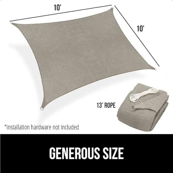 GORILLA GRIP Heavy Duty Sun Shade, UV Protection Fade Tear and Rust Resistant Rectangle Sunshade Canopy, Curved Edges Blocks Sunlight, Breathable Sail, Outdoor Patio, Lawn Garden 10x10 FT Gray