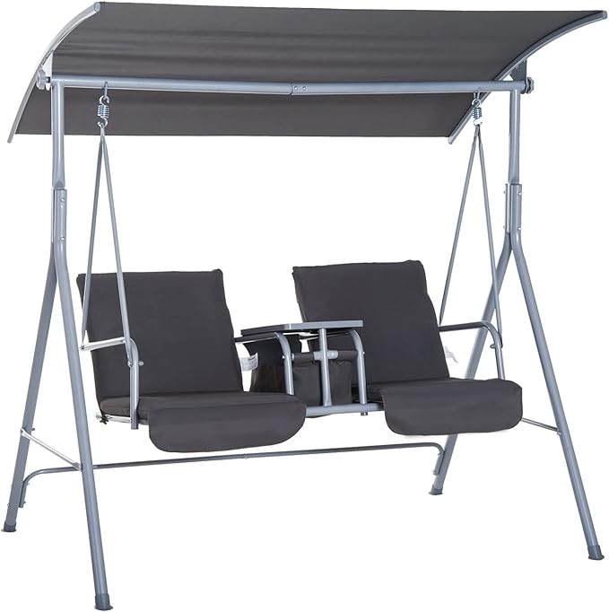 Outsunny 2 Person Porch Swing with Stand, Outdoor Swing with Canopy, Pivot Storage Table, 2 Cup Holders, Cushions for Patio, Backyard, Gray