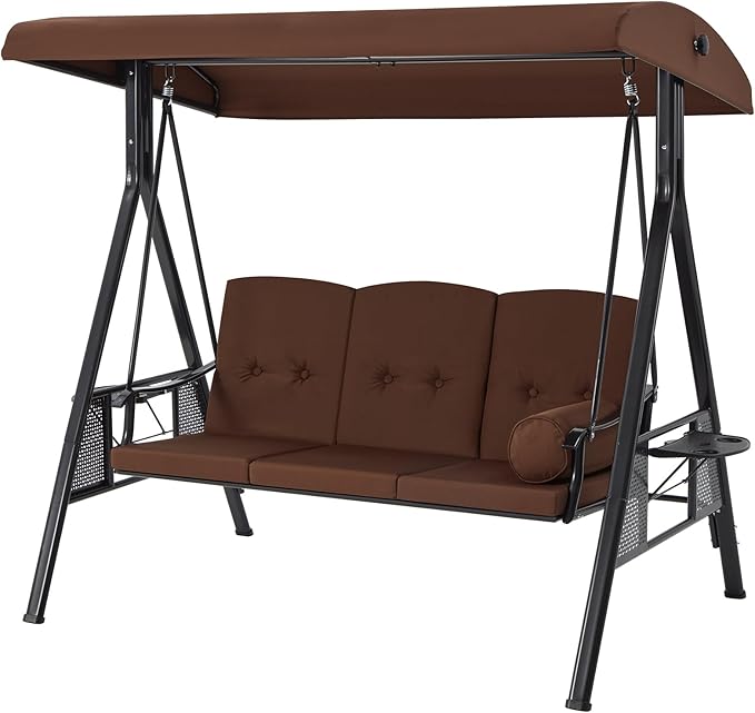 U-MAX 3-Seat Porch Swing Chair Steel Frame, Patio Swing Chair with Stand and Removable Cushions, Outdoor Canopy Swing Chair for Outside, Backyard, Garden, Brown Cushion