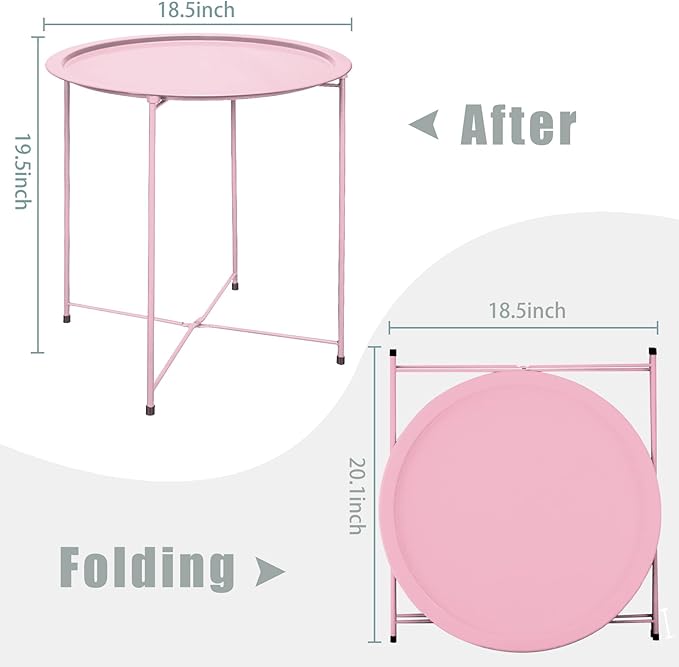 Garden 4 you End Table 2 PCS Metal Side Table Pink Round Folding Tray Cyan Sofa Small Accent Fold-able Table, Round End Table Tray, Next to Sofa Table, Snack Table for Living Room and Bed Room