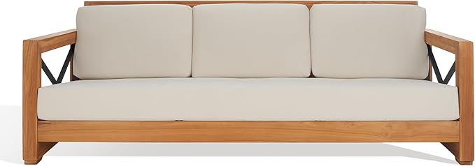 SAFAVIEH Couture Outdoor Patio Furniture Collection – Curacao 3-Seat Patio Sofa, Brazilian Teak Wood Frame with Removable White Cushions, Modern Outdoor Seating (CPT1010A)