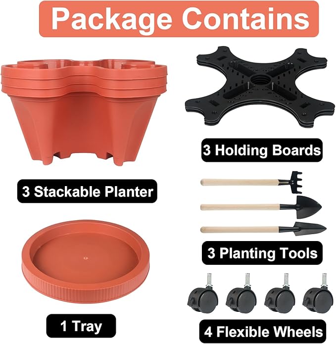 DUNCHATY Stackable Planters 3 Tier Vertical Garden Planting Tower Planters Strawberry, Herb, Flower, and Vegetable Planter Indoor Outdoor Gardening Pots with Removable Wheels and Tools